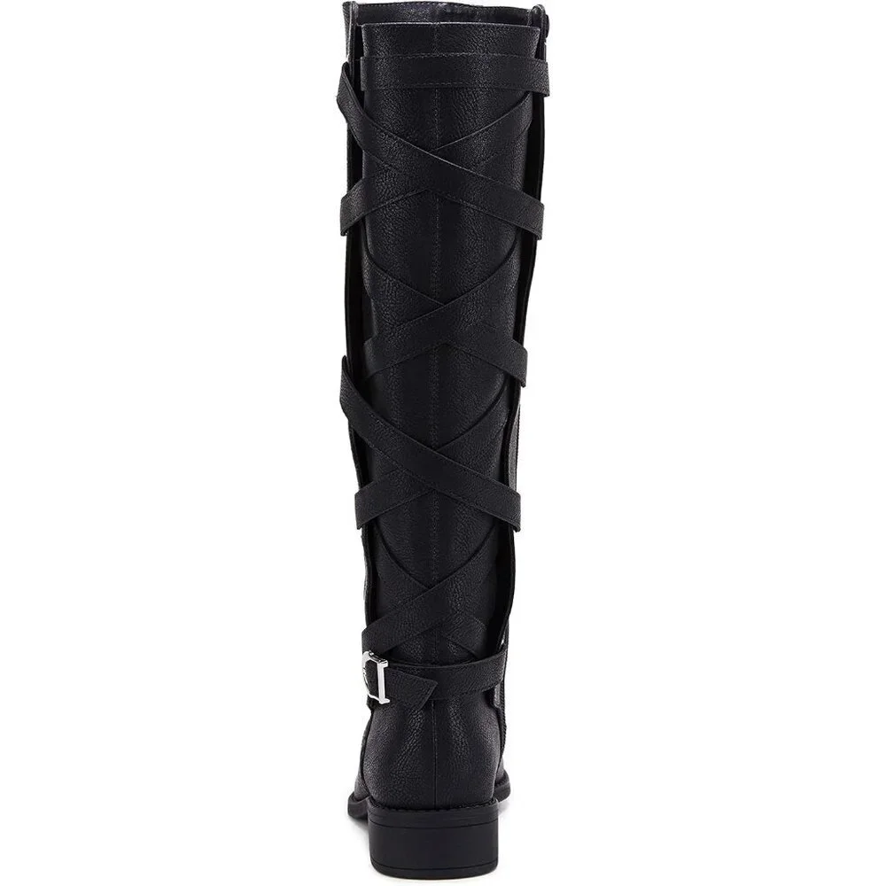 🆕Women Faux Leather Black Strappy Motorcycle Knee High Riding Flat Lace Up Boot